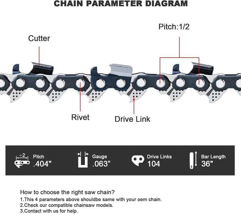 V-MODEST 36 inch Professional Chainsaw Chain 104DL 063" Gauge .404" Pitch Superior Lubrication Full Chisel Saw Chain Blade for Stihl MS 070 090 880 G888, Husqvarna, Jonsered, Poulan, Shindaiwa, Makita, 1 Chain - Image 3